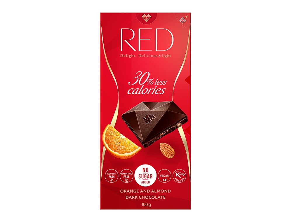 Czekolada z migdałami i skórką z pomarańczy, bez cukru 100g RED