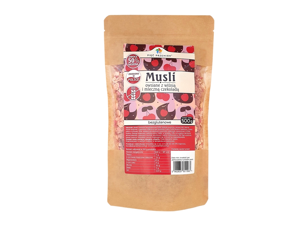 Musli owsiane bezglutenowe z mleczną czekoladą i wiśnią 500g Pięć Przemian