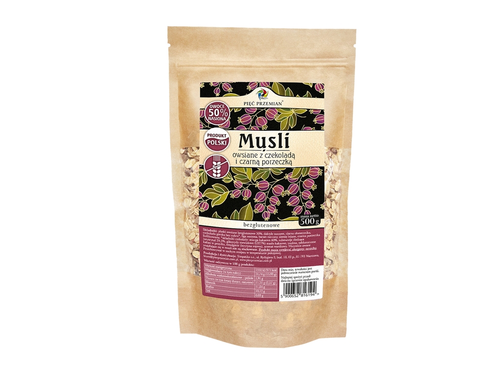 Musli owsiane bezglutenowe z czekoladą i czarną porzeczką 500g Pięć Przemian